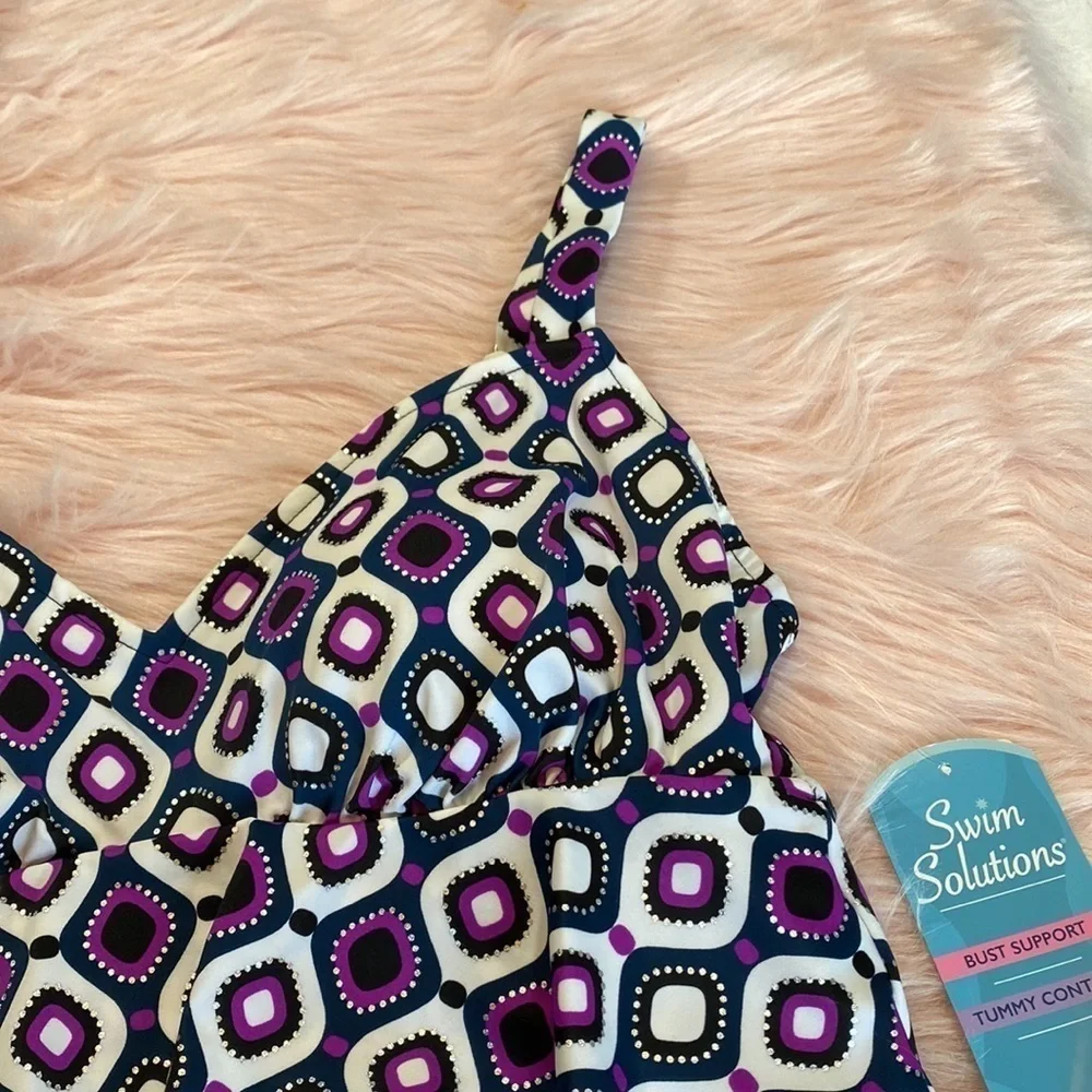 NWT Swim Solutions Triple Tier Fauxkini Ruffled One Piece Swimsuit sz 12 - Picture 5 of 14